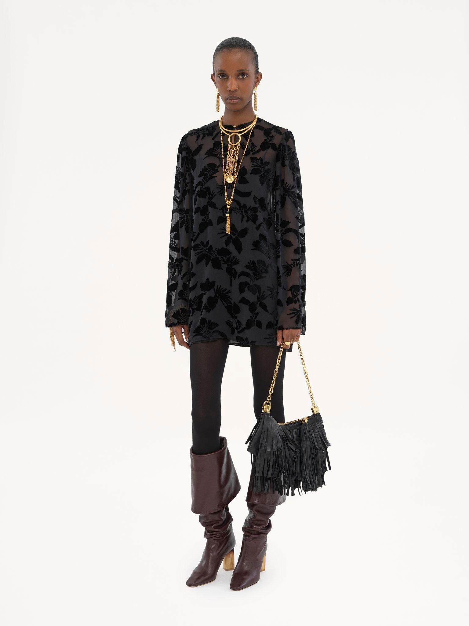 Puff-sleeve mini dress in velvet Product Image