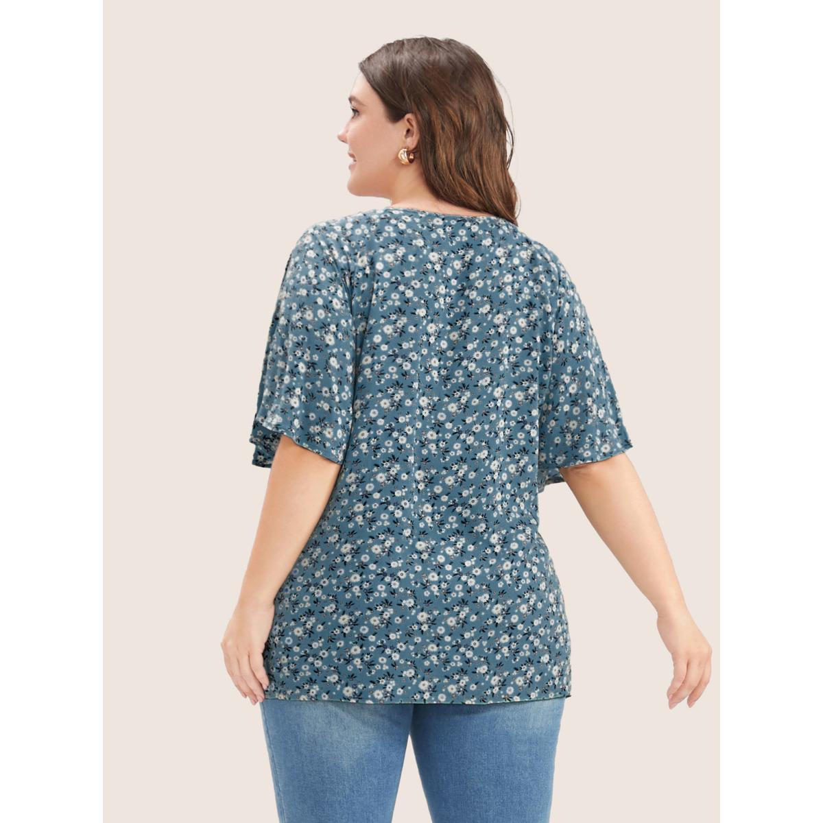 Plus Size Aegean Ditsy Floral Ruffle Sleeve Tie Neck Blouse Women Elegant Short sleeve V-neck Everyday Blouses BloomChic 26/4X Product Image