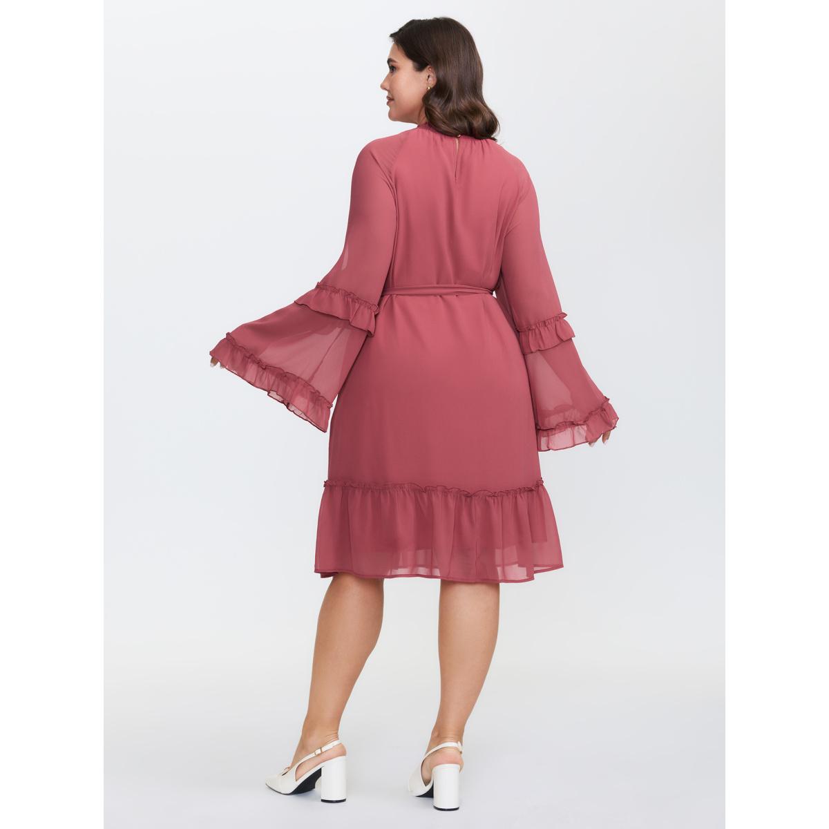 Plus Size Sheer Ruffled Gathered Neck Belted Midi Dress Rouge Women Timeless Stand-up collar Long Sleeve Curvy BloomChic 26/4X Product Image