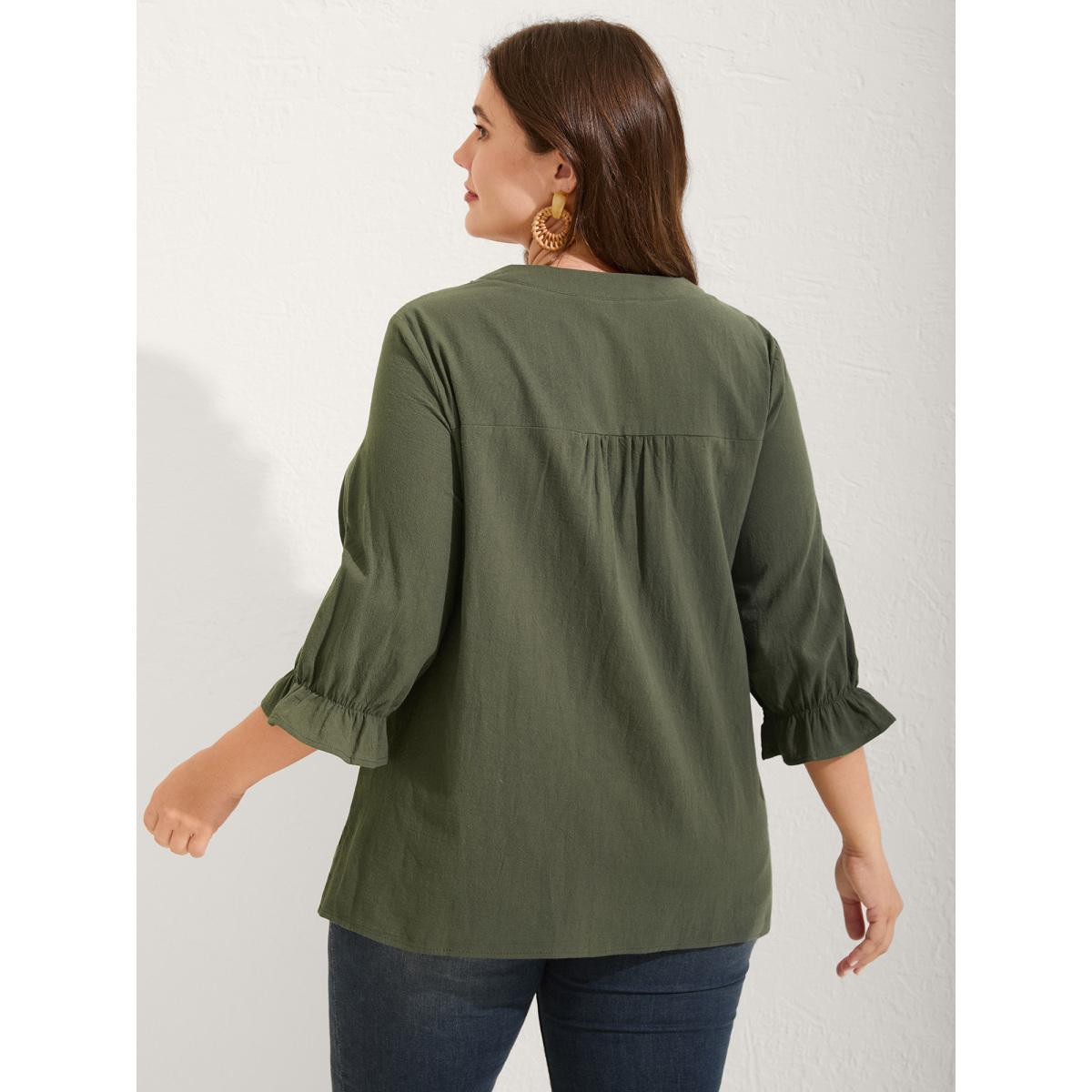 Plus Size ArmyGreen Broderie Anglaise Tie Knot Lantern Sleeve Blouse Women Boho Elbow-length sleeve Notched collar Vacation Blouses BloomChic 28/5X Product Image