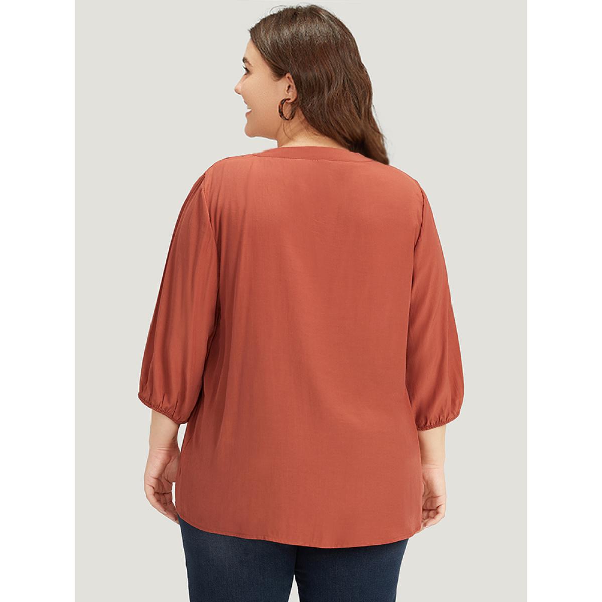 Plus Size Chocolate Plain Notched Button Through Elastic Cuffs Shirred Blouse Women Office Elbow-length sleeve V-neck Office Blouses BloomChic 14-16/1X Product Image