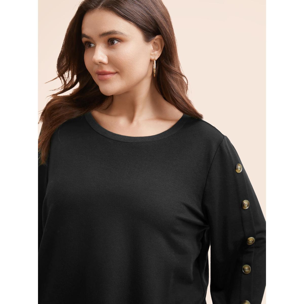 Plus Size Crew Neck Patchwork Button Detail Sweatshirt Women Black Casual Patchwork Round Neck Everyday Sweatshirts BloomChic 28/5X Product Image