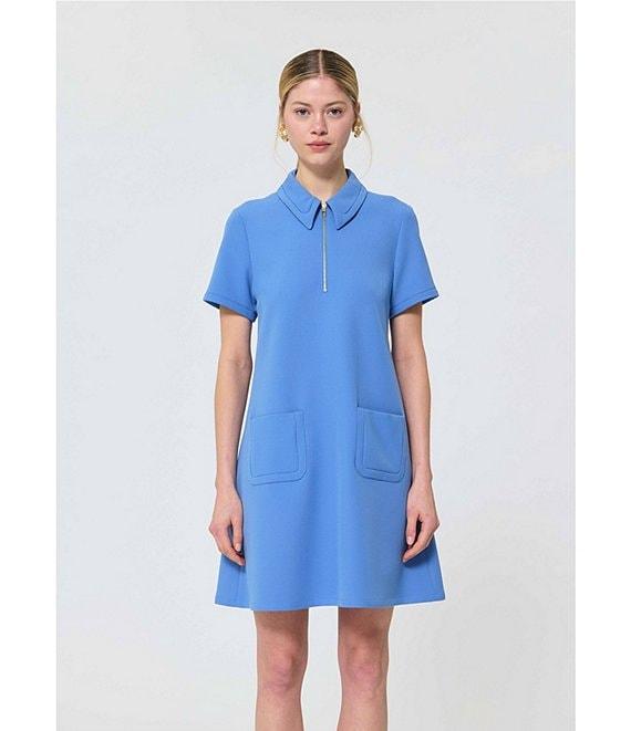 Tara Jarmon Rubina Point Collar Quarter Zip Short Sleeve A-Line Dress Product Image