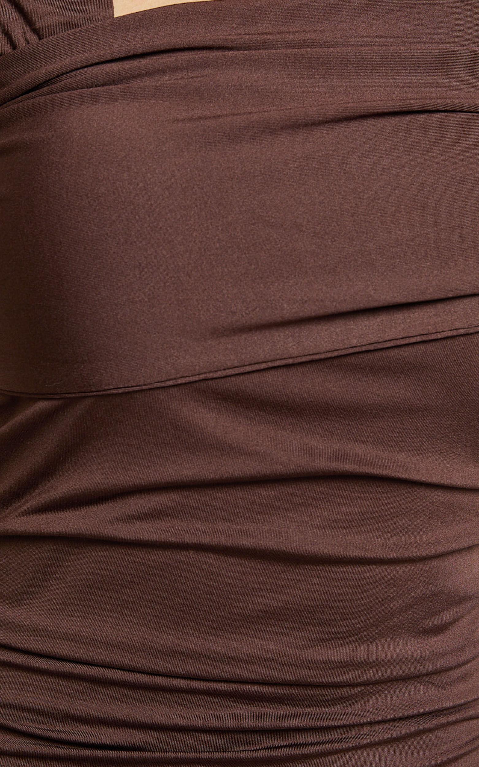 Meadow Mini Dress - Asymmetrical Off Shoulder Jersey Ruched Dress in Chocolate Product Image