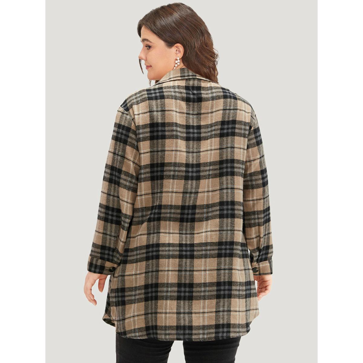 Plus Size Plaid Flap Pocket Curved Hem Coat Women Tan Contrast Pocket Dailywear Jackets BloomChic 10/M Product Image