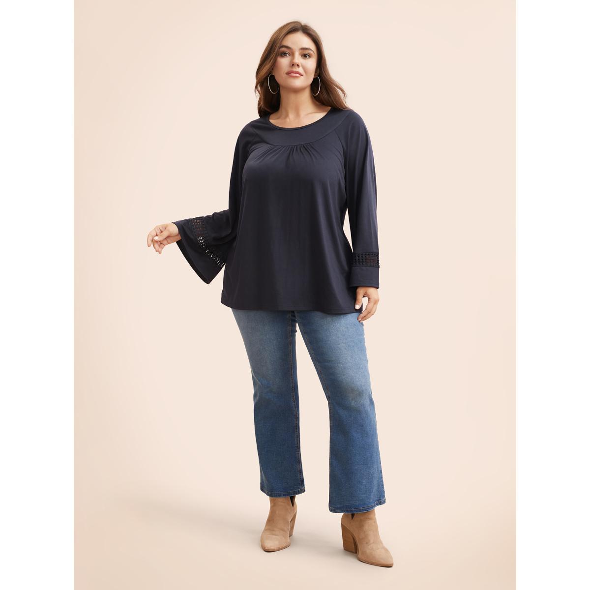 Plus Size Round Neck Lace Trim Raglan Sleeve T-shirt Indigo Women Casual Gathered Round Neck Everyday T-shirts BloomChic 30/6X Product Image