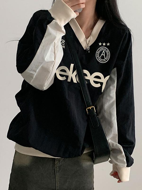 Preppy Contrast Color Letter Print V Neck Sweatshirt Product Image