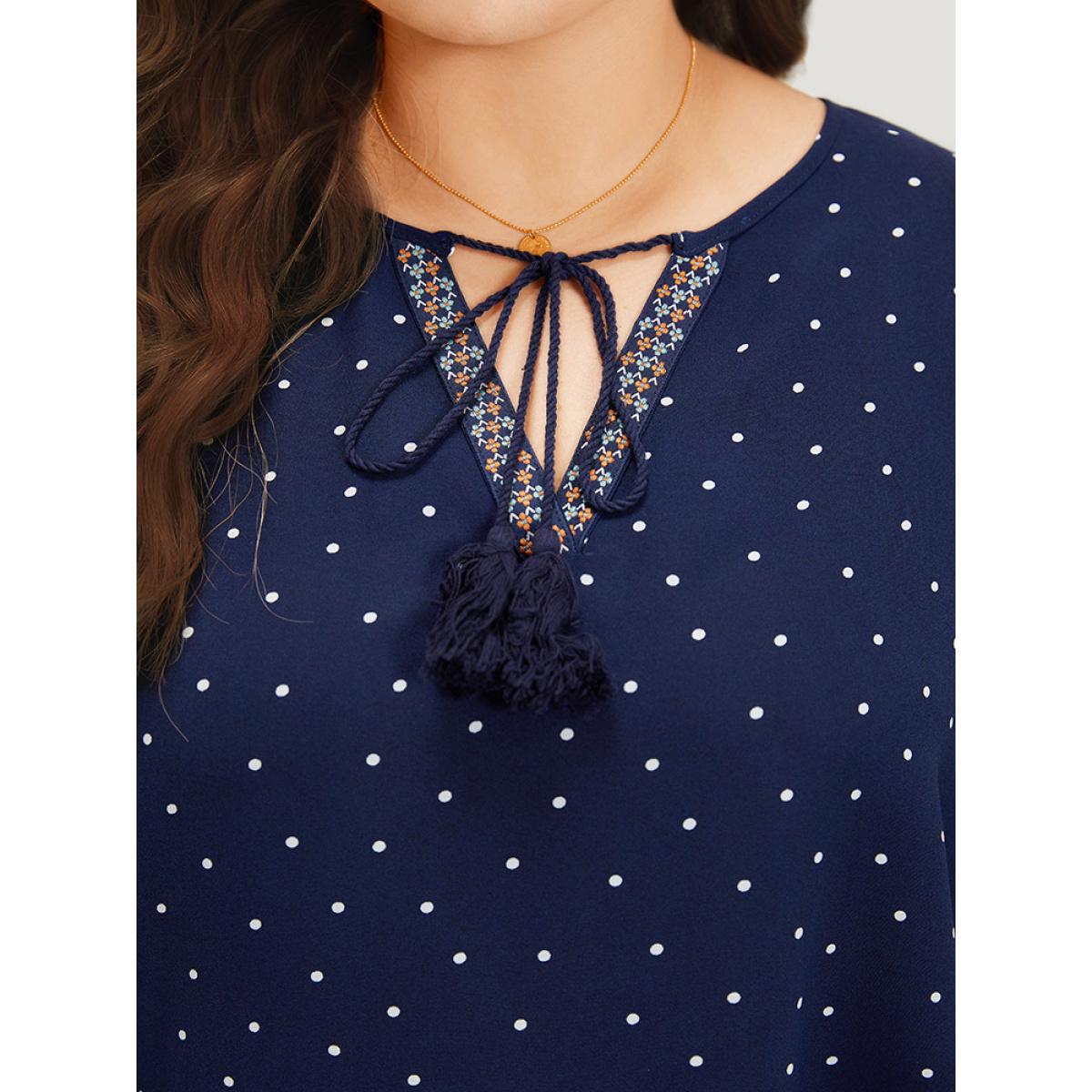 Plus Size Indigo Polka Dot Tassels Ties Elastic Cuffs Blouse Women Vacation Elbow-length sleeve V-neck Vacation Blouses BloomChic 30/6X Product Image