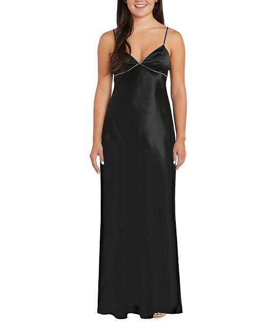 Morgan & Co. Sleeveless Spaghetti Strap Satin Rhinestone Trim Dress Product Image