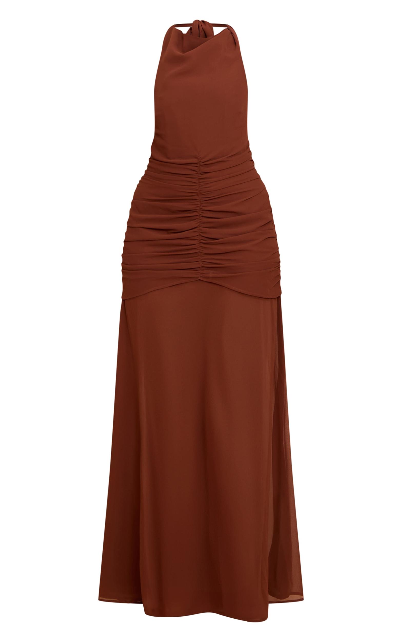 Chocolate Chiffon Halterneck Extreme Ruched Maxi Dress Product Image