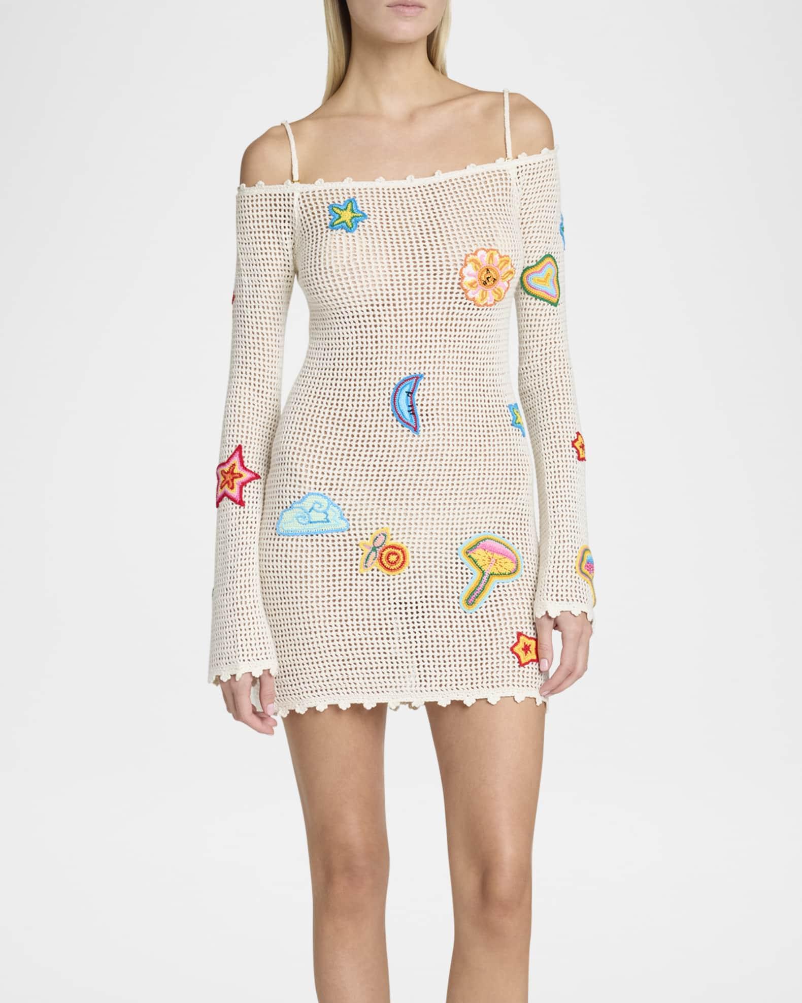 Off-The-Shoulder Patched Crochet Knit Mini Dress Product Image