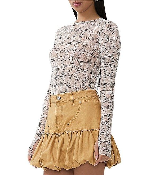 AFRM Kaylee Mesh Lace Plaid Print Crew Neck Long Sleeve Top Product Image
