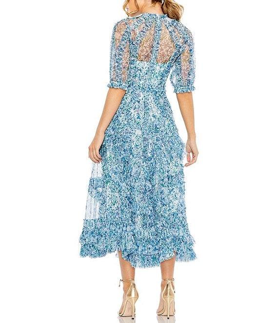 Mac Duggal Floral Print Chiffon Short Puffed Sleeve High Neck Midi Dress Product Image