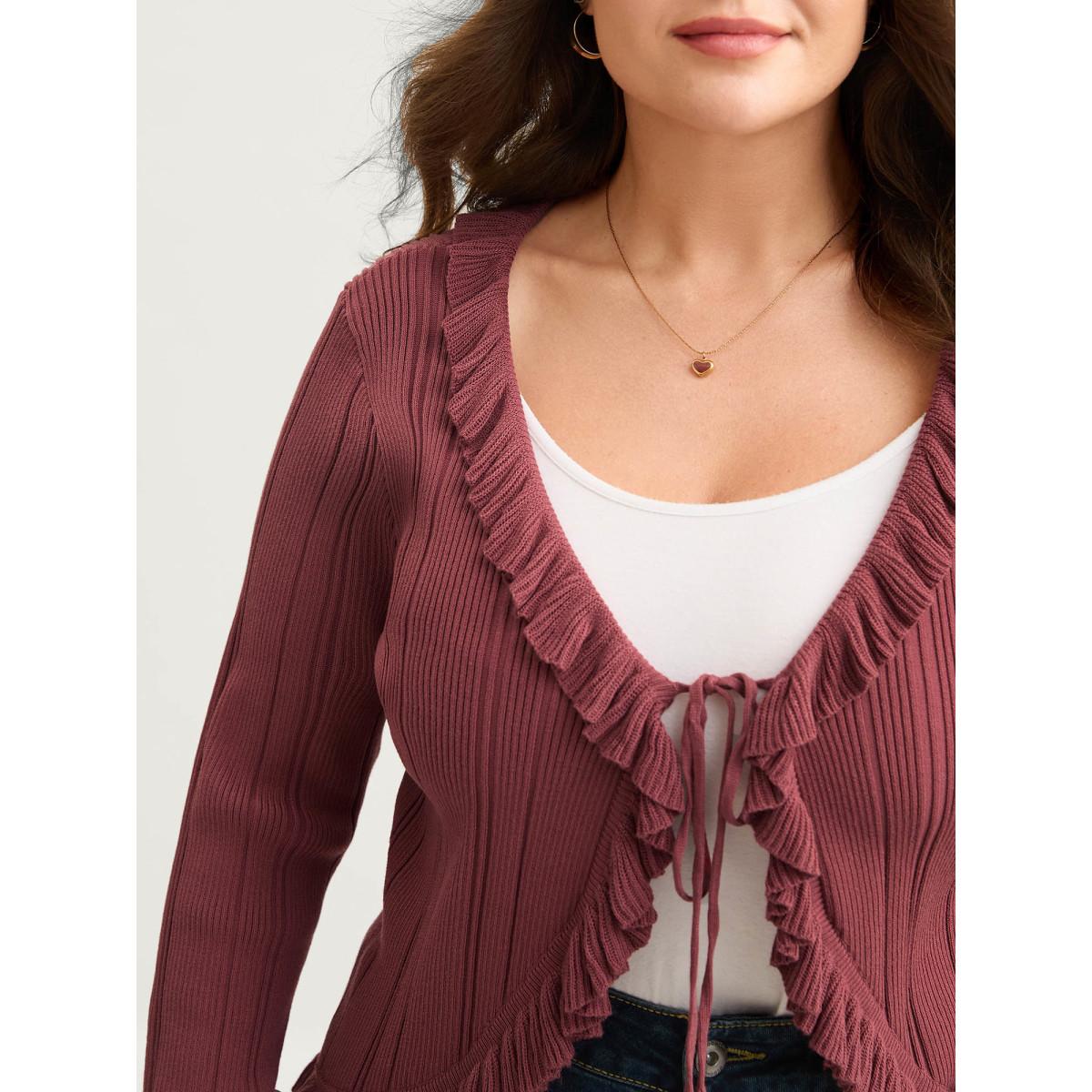Plus Size Ruffled Edged Front Tie Knit Cardigan Rust Women Timeless Bodycon Long Sleeve Elegant Cardigans BloomChic 14-16/1X Product Image