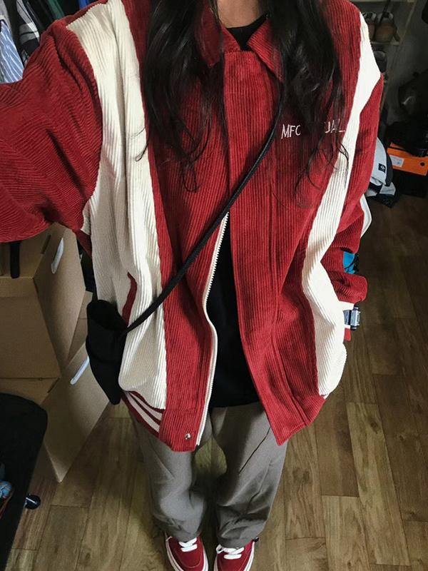 Corduroy Color Block Splice Embroidery Jacket Product Image