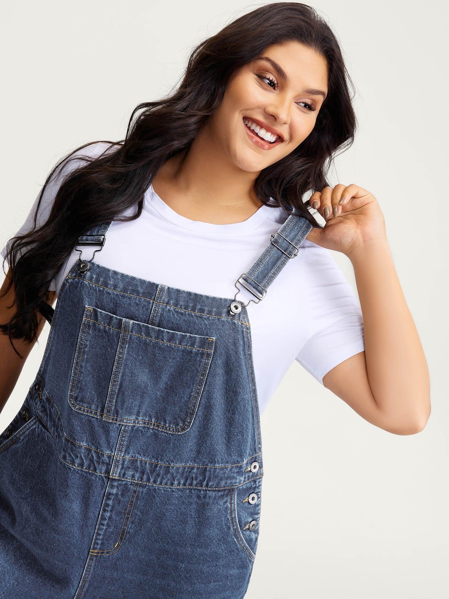 Cotton Relaxed-Fit Side Button Overall Denim Jumpsuit Female Product Image