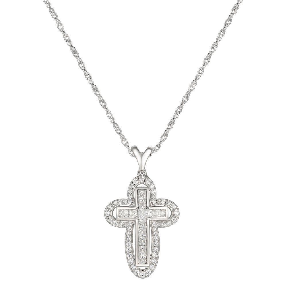 Sterling Silver Cubic Zirconia Cross Pendant Necklace, Women's, Size: 18" Product Image