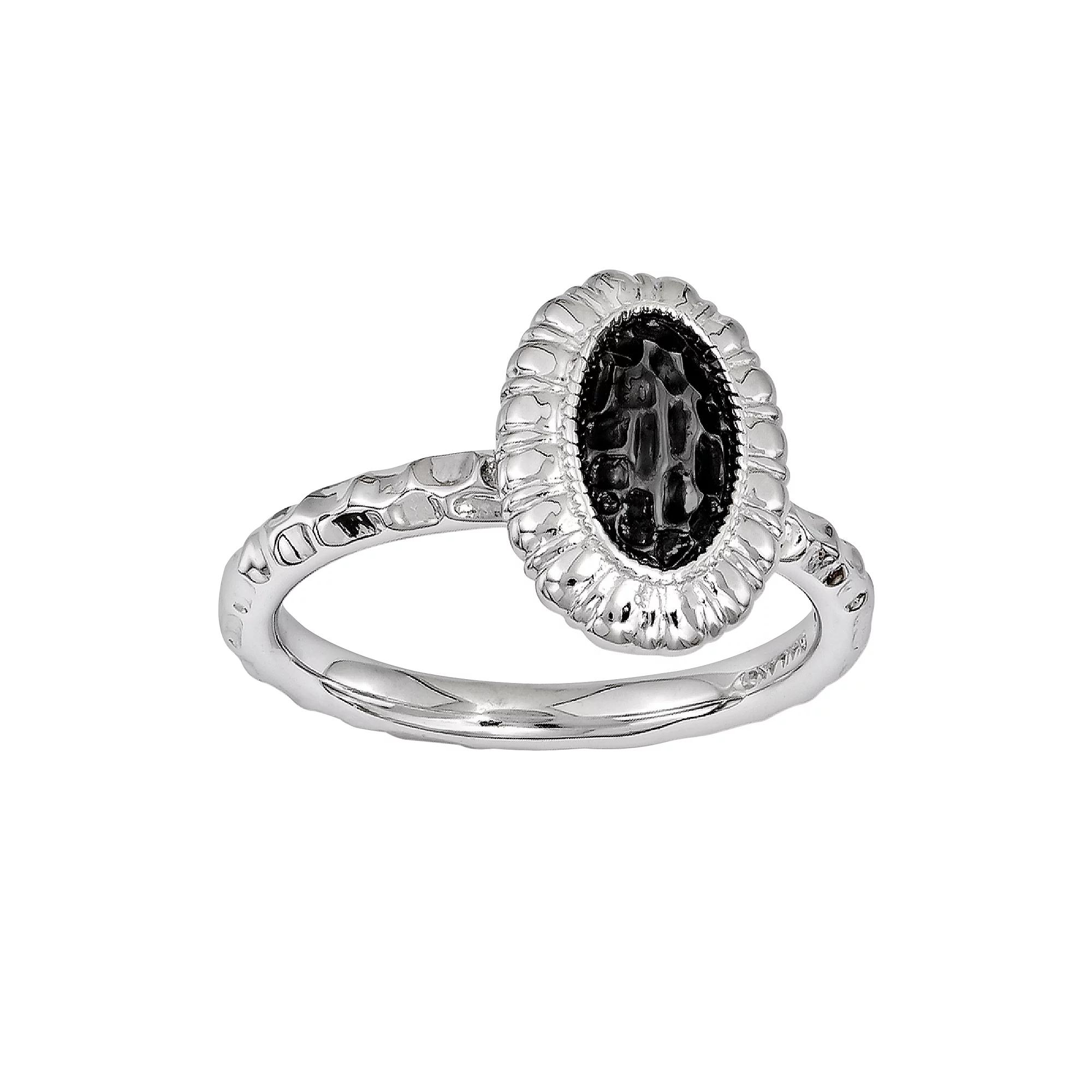 Stacks & Stones Rhodium- & Black Ruthenium-Plated Sterling Silver Textured Frame Stack Ring, Women's, Size: 5 Product Image