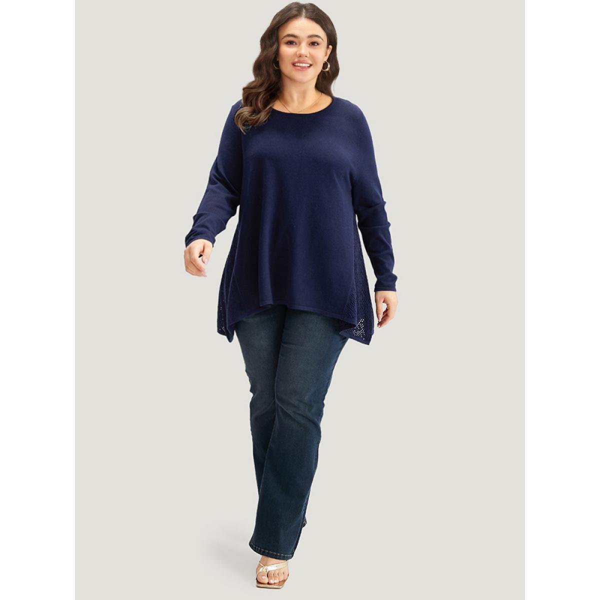 Plus Size Supersoft Essentials Cut Out Patchwork Pullover DarkBlue Women Casual Loose Long Sleeve Round Neck Dailywear Pullovers BloomChic 26/4X Product Image