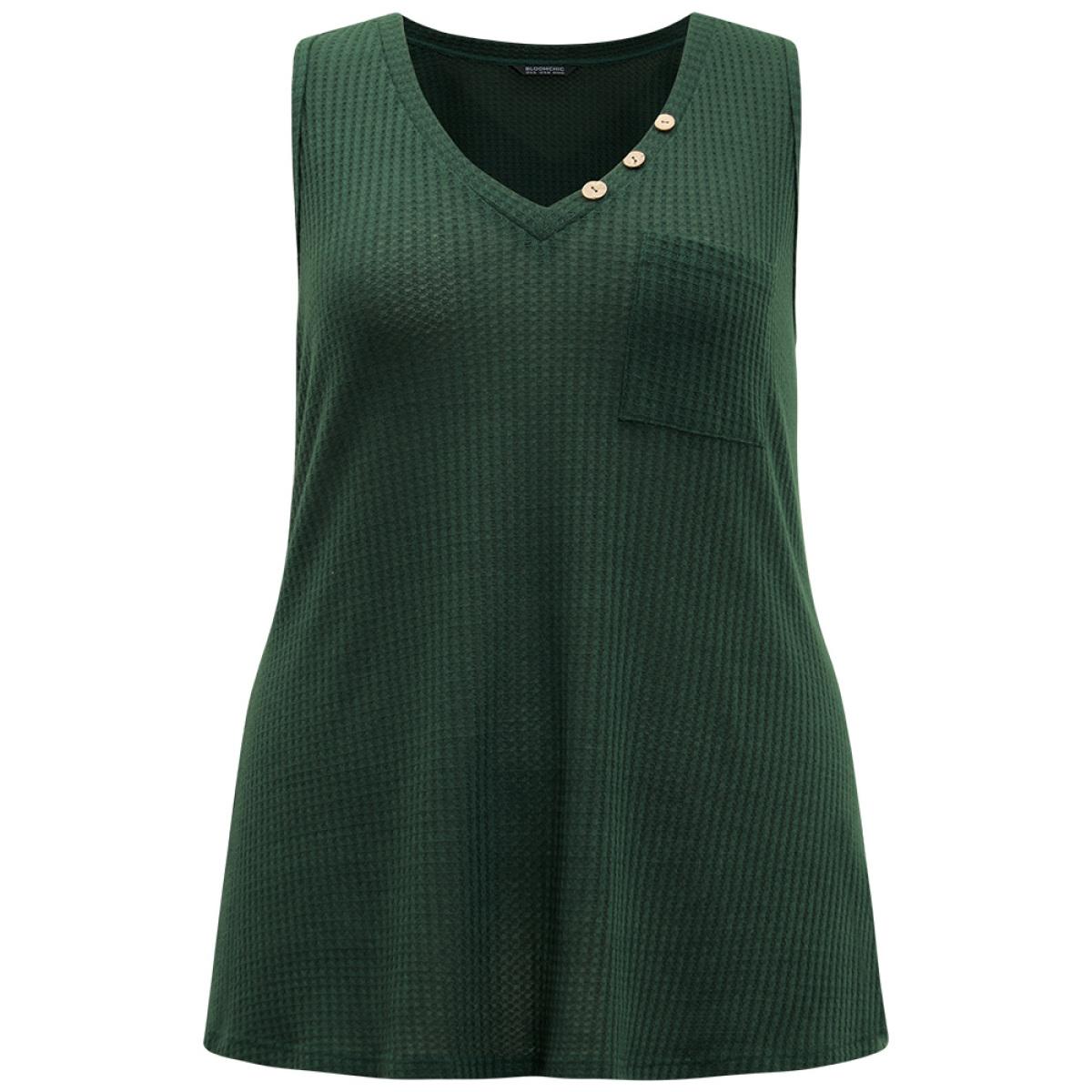 Plus Size Waffle Knit V Neck Button Detail Cami Top Women Green Casual Waffle Knit V-neck Dailywear Tank Tops Camis BloomChic 10/M Product Image