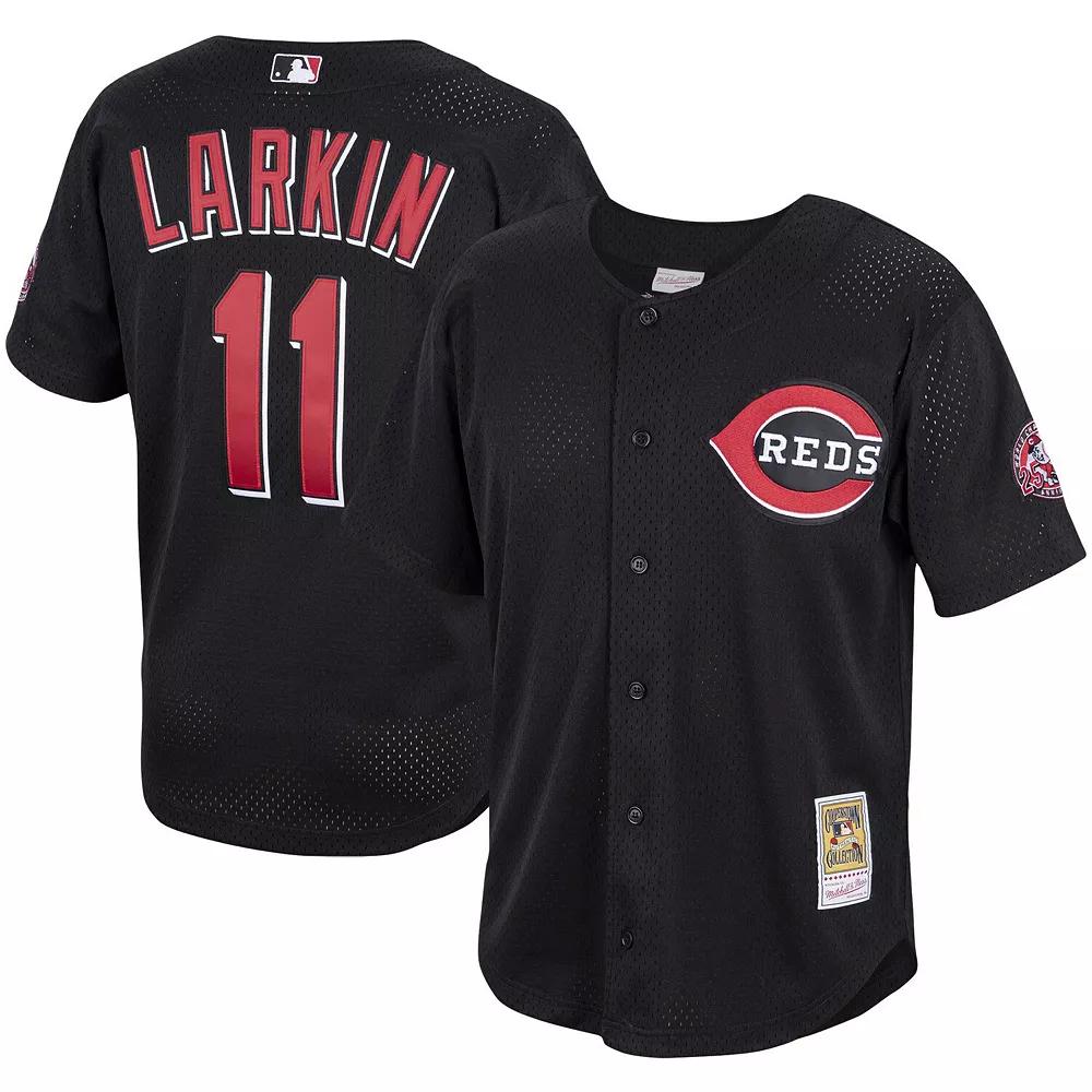 Men's Mitchell & Ness Barry Larkin Black Cincinnati Reds Cooperstown Collection Mesh Batting Practice Button-Up Jersey,  Product Image