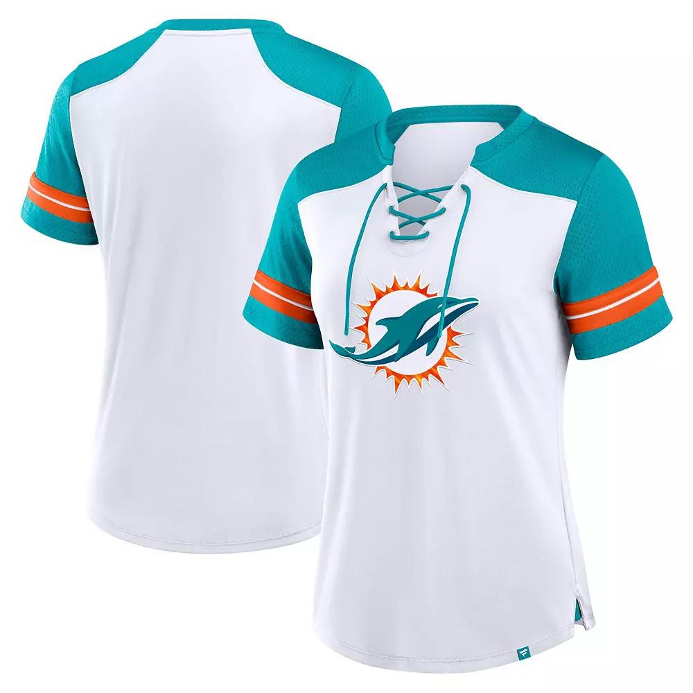 Women's Fanatics White/Aqua Miami Dolphins Foiled Primary Lace-Up T-Shirt,  Product Image