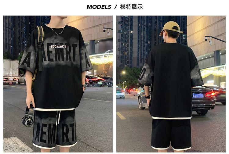 Set: Elbow-Sleeve Crewneck Lettering T-Shirt + Sweatshorts Product Image