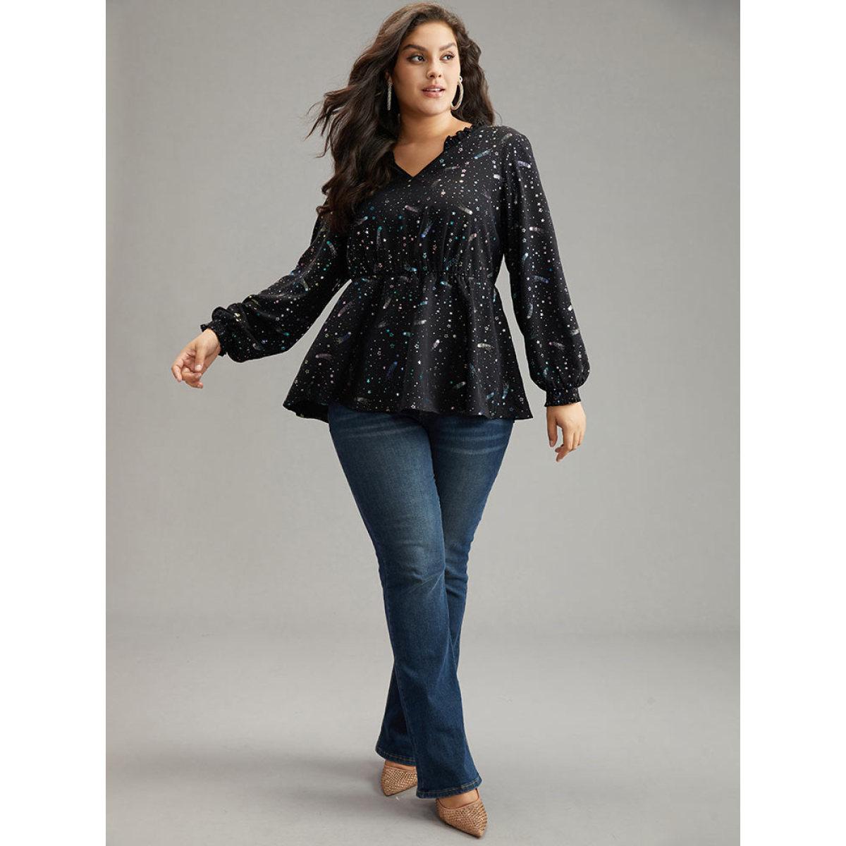 Plus Size Black Star Glitter Shirred Frill Trim Lantern Sleeve Blouse Women Elegant Long Sleeve V-neck Dailywear Blouses BloomChic 28/5X Product Image