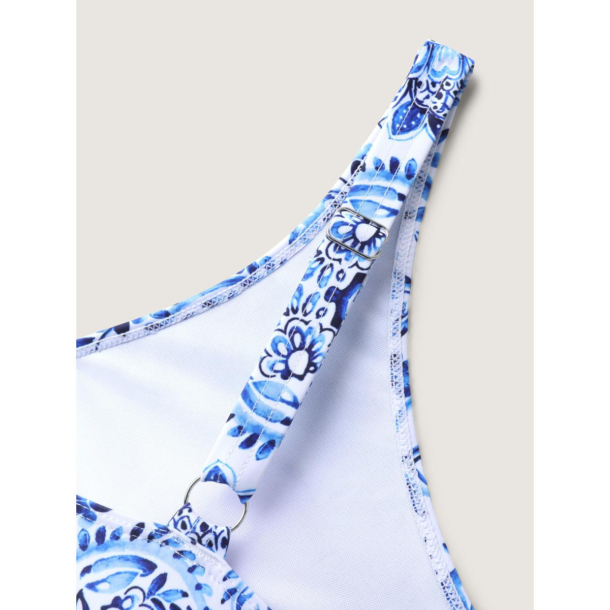 Plus Size Boho Print Fit and Flare Swim Top Women's Swimwear Skyblue Resort Printed High stretch Bodycon V-neck Curve Swim Tops BloomChic 28/5X Product Image