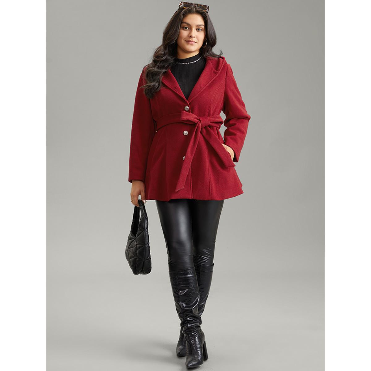 Plus Size Solid Hooded Belted Buckle Detail Coat Women Scarlet Elegant Lined Ladies Dailywear Winter Coats BloomChic 14-16/1X Product Image