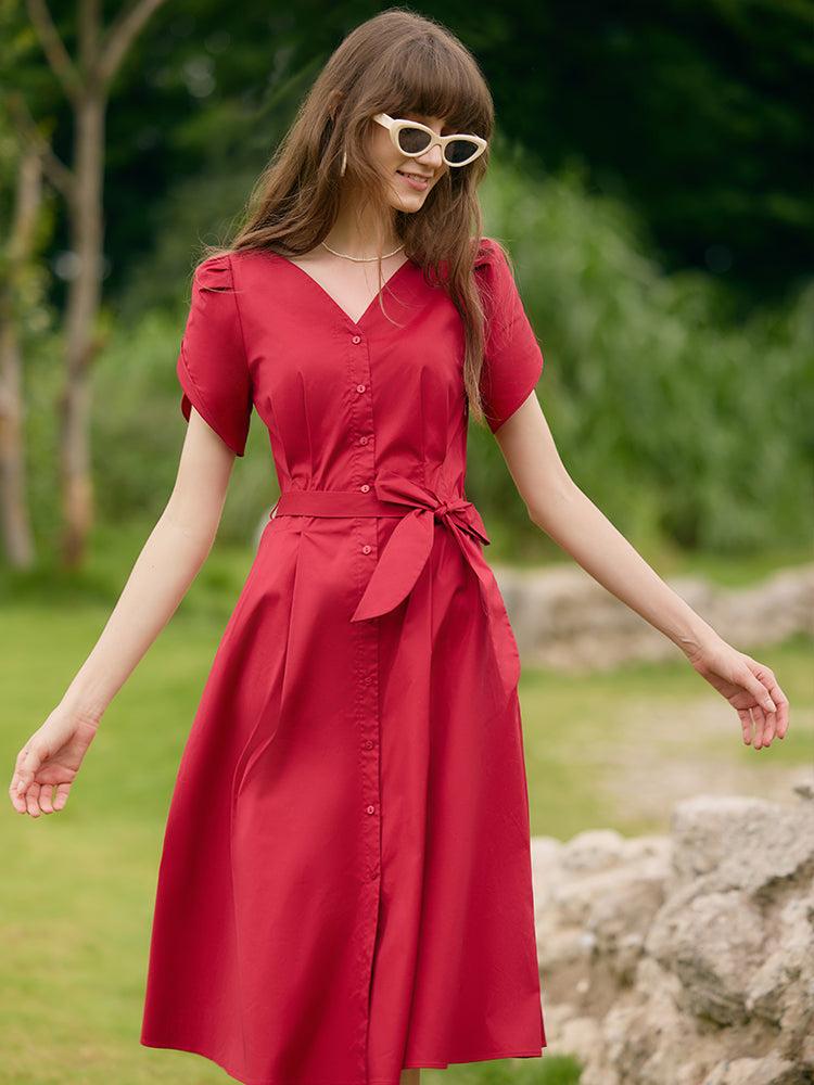 Petal Sleeves Gathered Waist V-Neck Women Midi Dress With Belt Product Image
