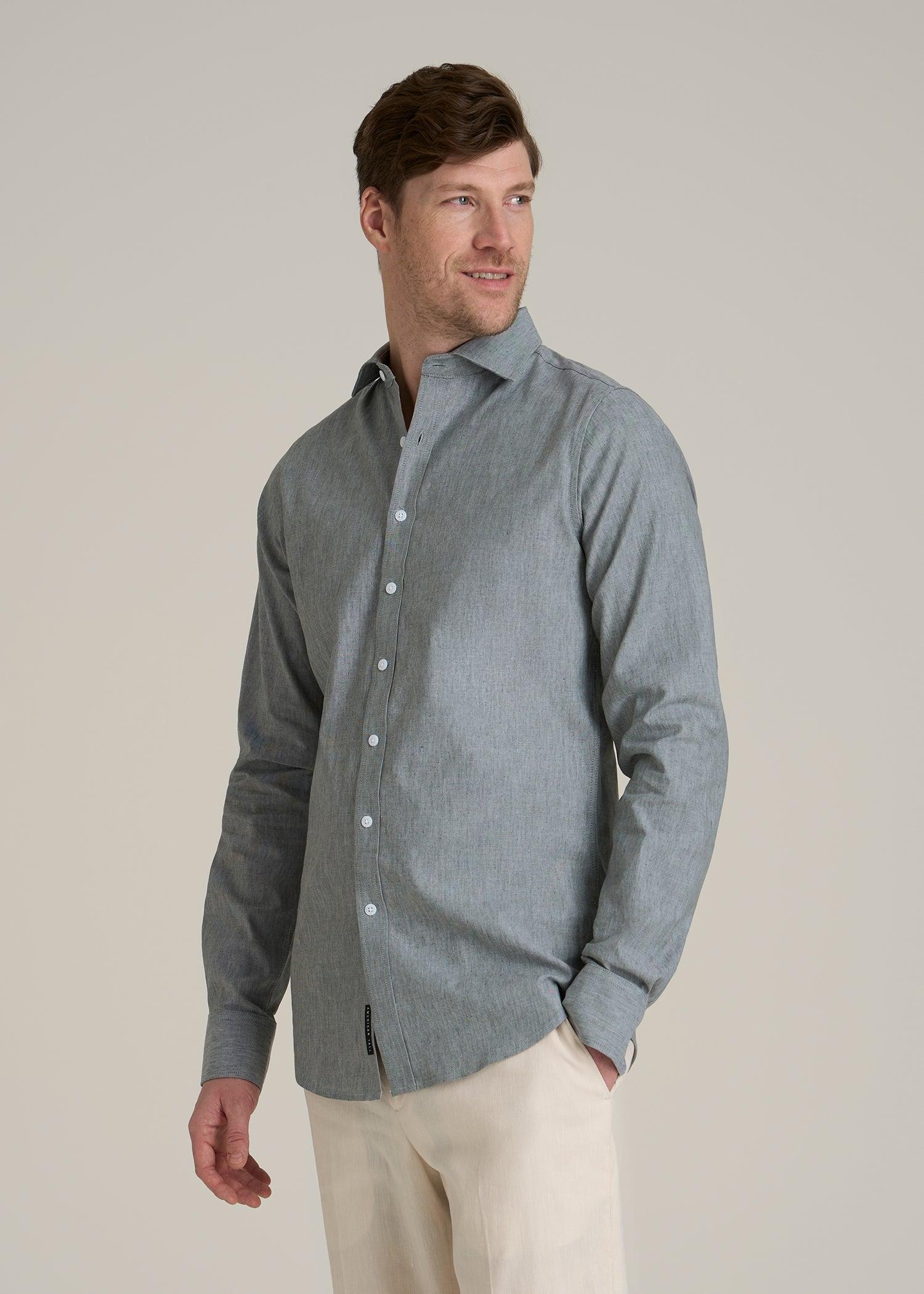 Stretch Linen Dress Shirt for Tall Men in Evergreen Mix Male Product Image