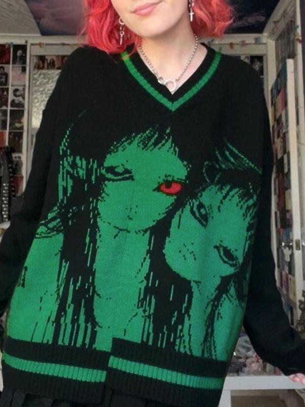 Contrast Color Grimace Jacquard V Neck Knit Sweater Product Image