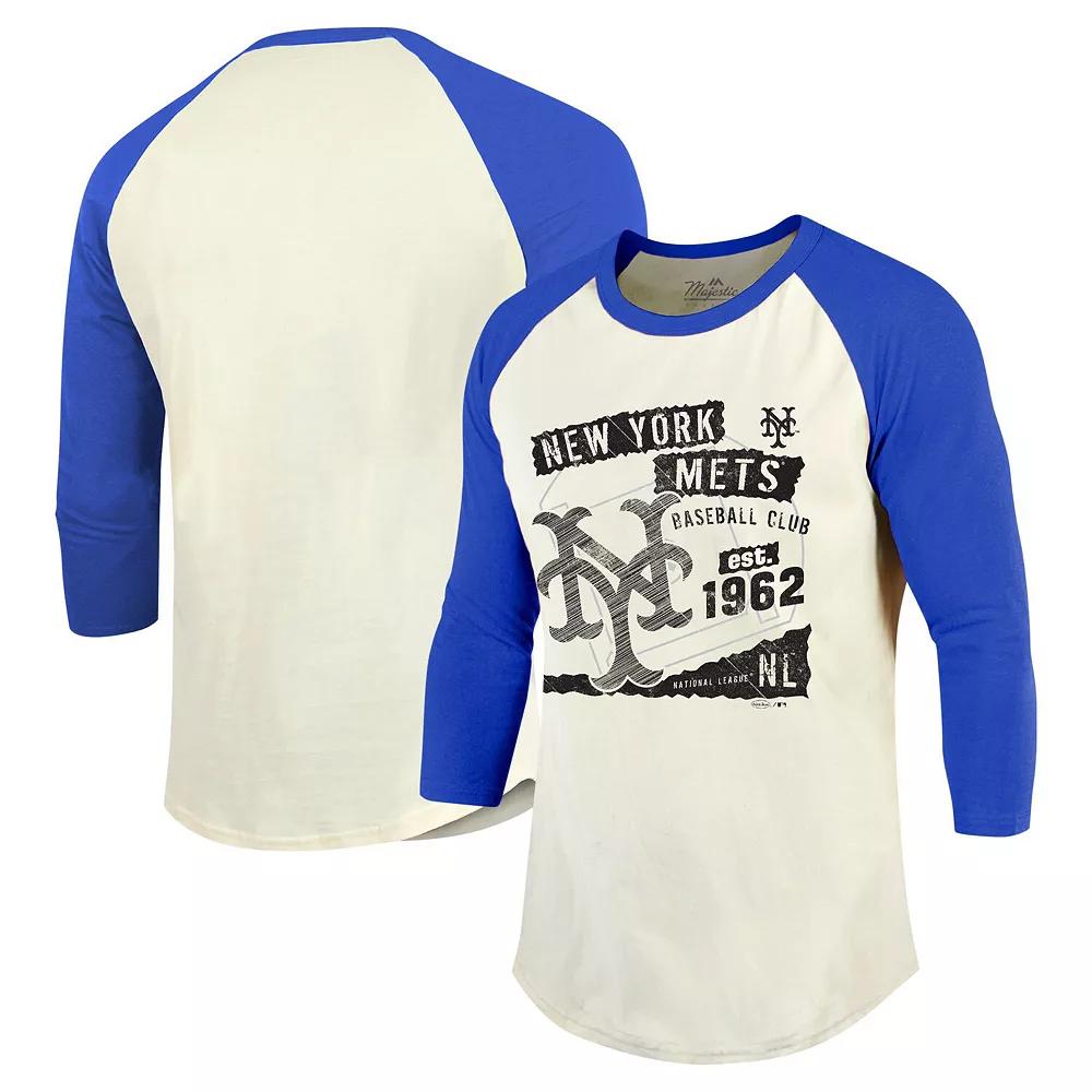 Men's Majestic Threads Cream/Royal New York Mets Raglan 3/4-Sleeve T-Shirt, Size: 2XL, Beige Product Image