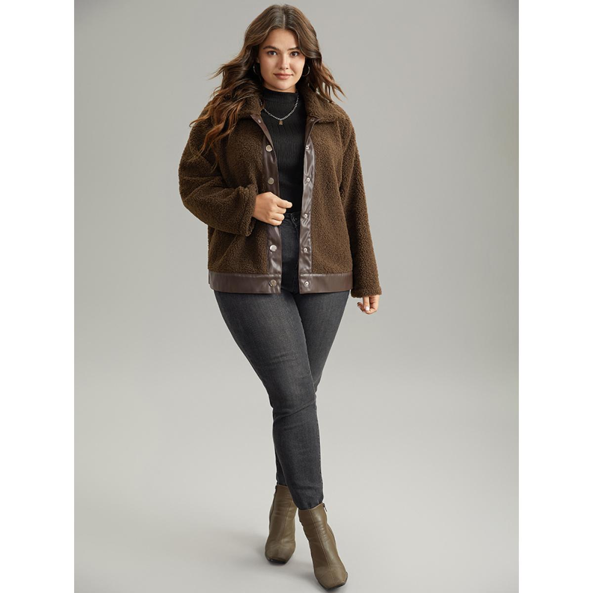 Plus Size PU Leather Patchwork Metal Detail Teddy Jacket Women DarkBrown Patchwork Dailywear Jackets BloomChic 14-16/1X Product Image