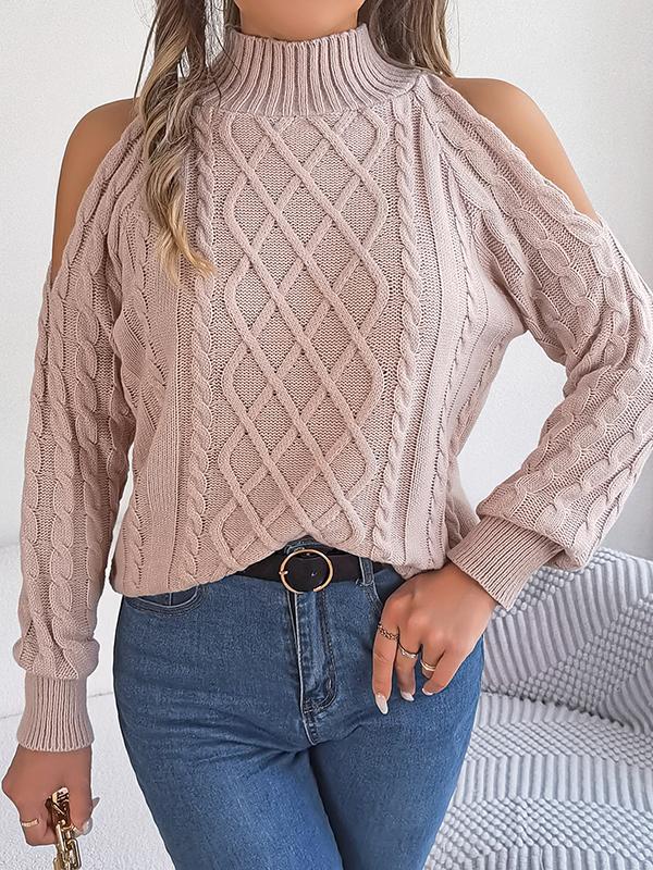 Long Sleeves Loose Hollow Solid Color Cold Shoulder Pullovers Sweater Tops Product Image