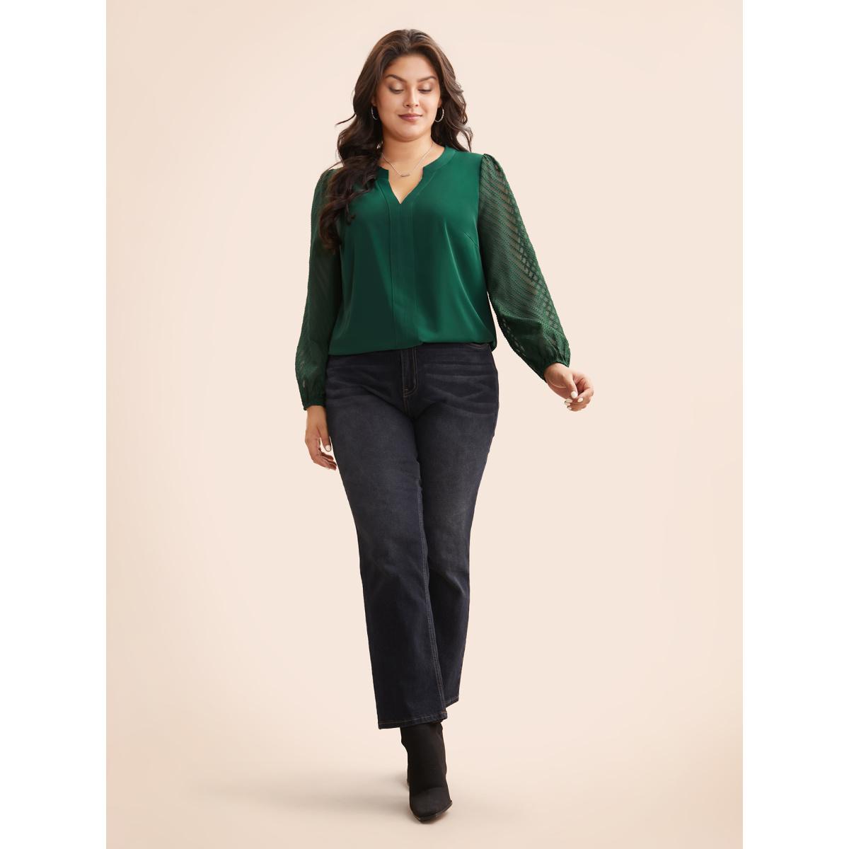 Plus Size DarkGreen Solid Textured Notched Collar Pleated Blouse Women Elegant Long Sleeve Flat collar with V-notch Everyday Blouses BloomChic 26/4X Product Image