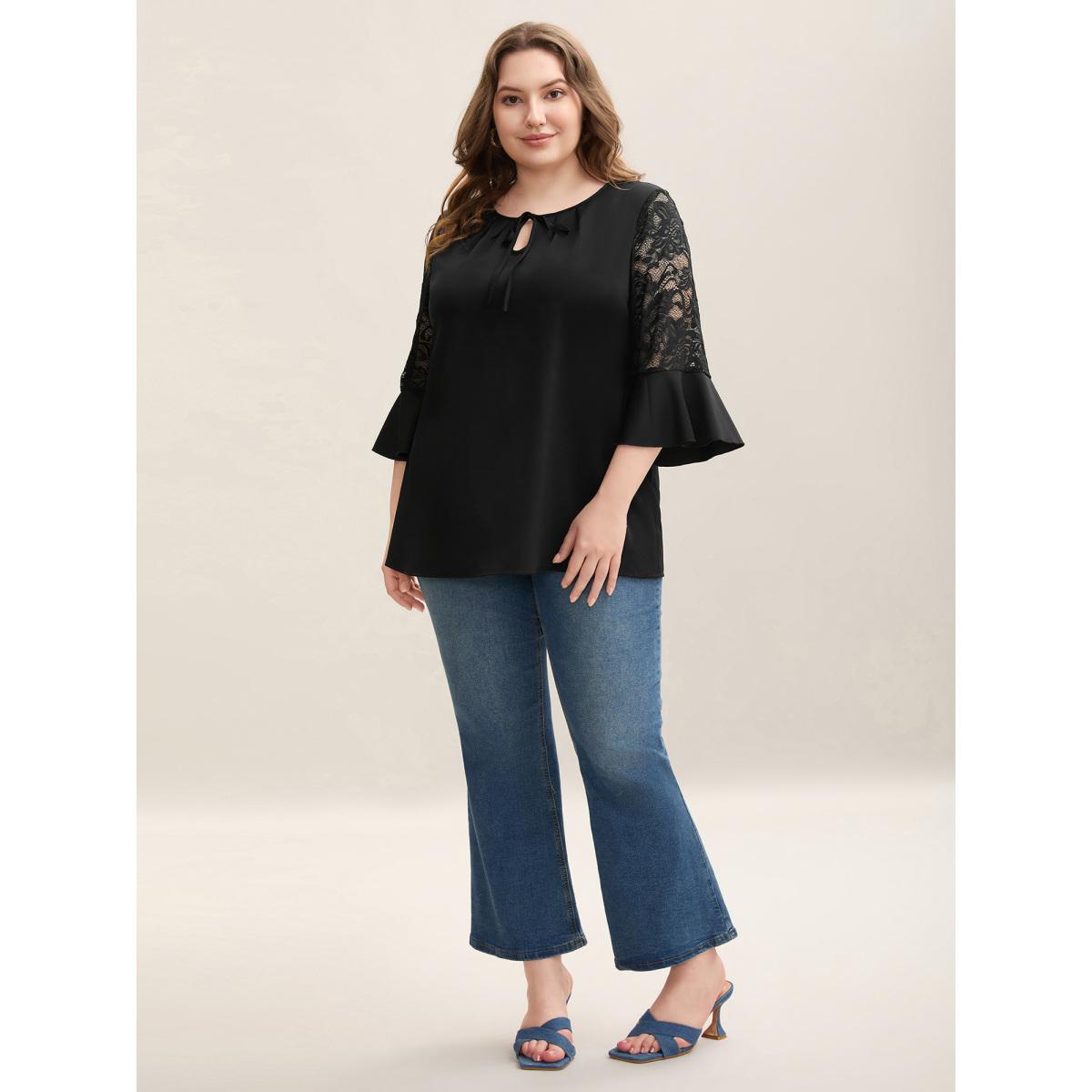 Plus Size Black Lace Sleeve Neck Tie Flared Blouse Women Elegant Elbow-length sleeve Round Neck Everyday Blouses BloomChic 18-20/2X Product Image
