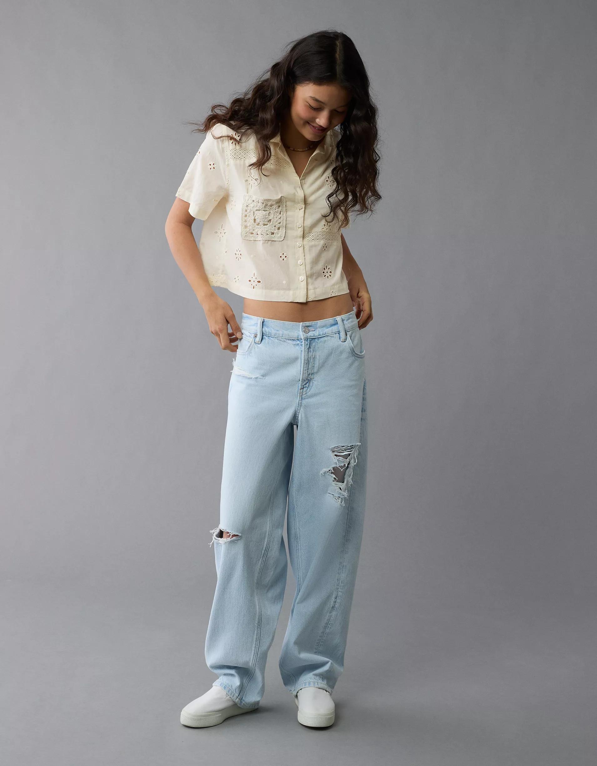 AE Short-Sleeve Embroidered Button-Up Shirt Product Image