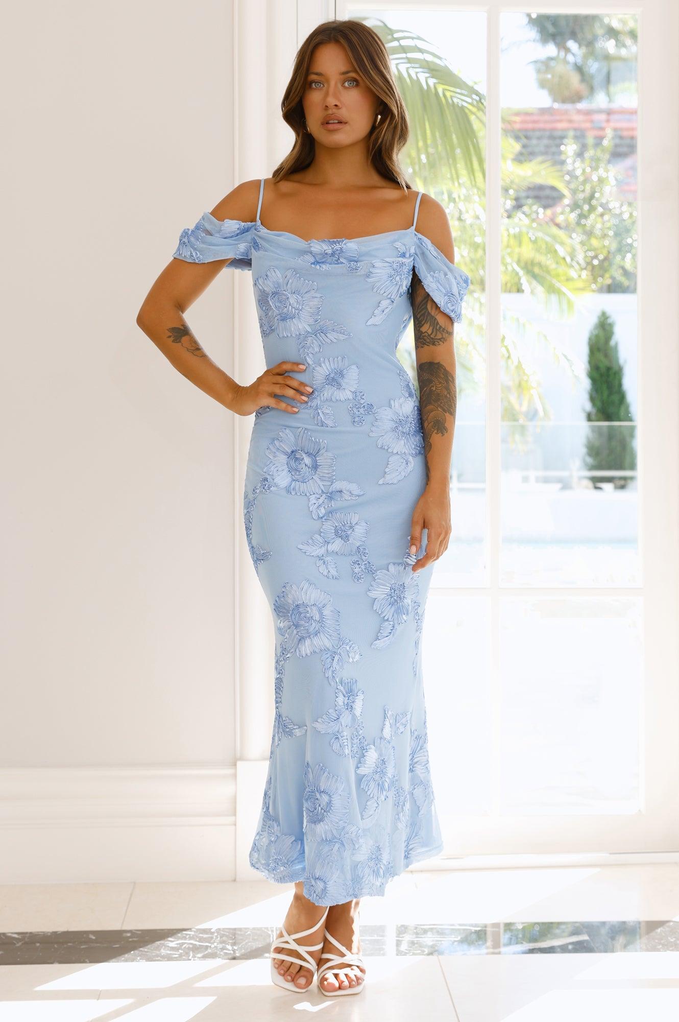You’re Magic Off Shoulder Mesh Maxi Dress Blue Product Image