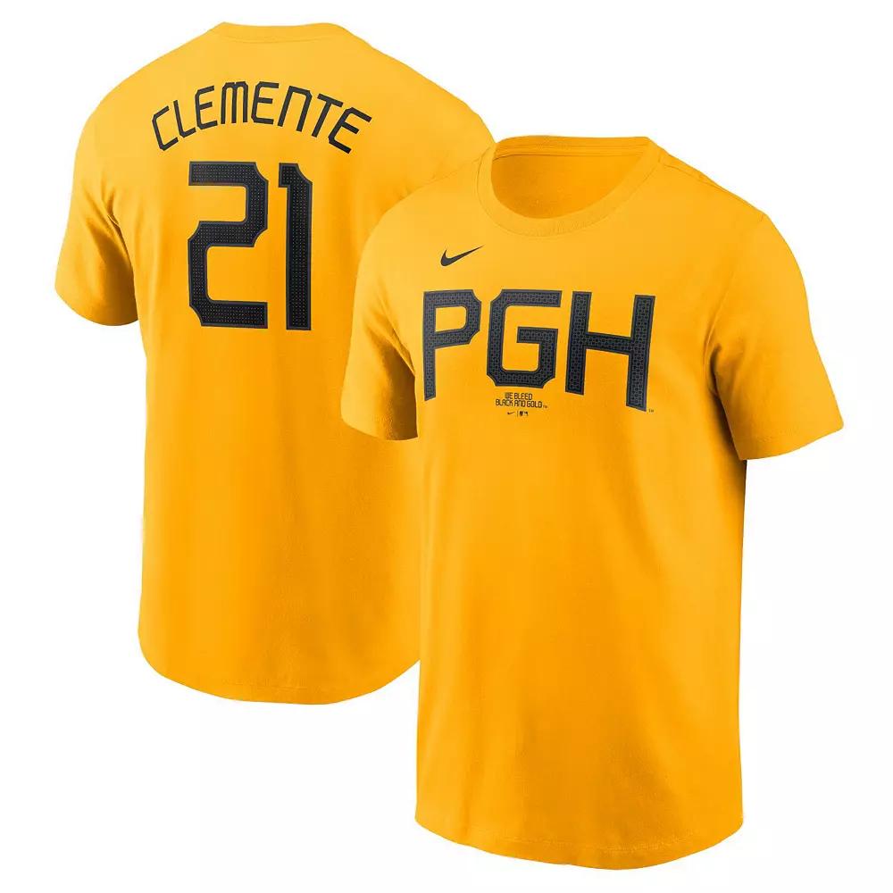Men's Nike Roberto ClementeÂ Gold Pittsburgh Pirates City Connect Fuse Name & Number T-Shirt,  Product Image