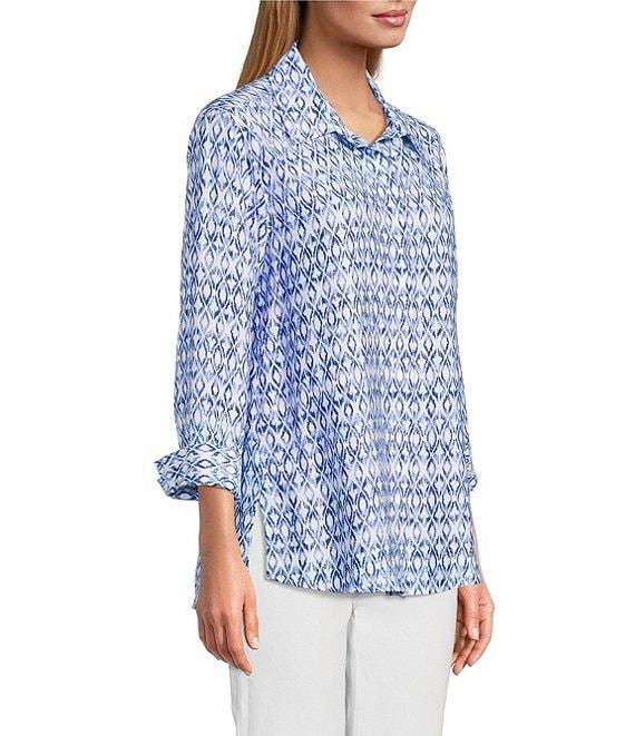 John Mark Allover Ikat Print Point Collar 3/4 Sleeve Hi-Low Hem Button Front Shirt Product Image