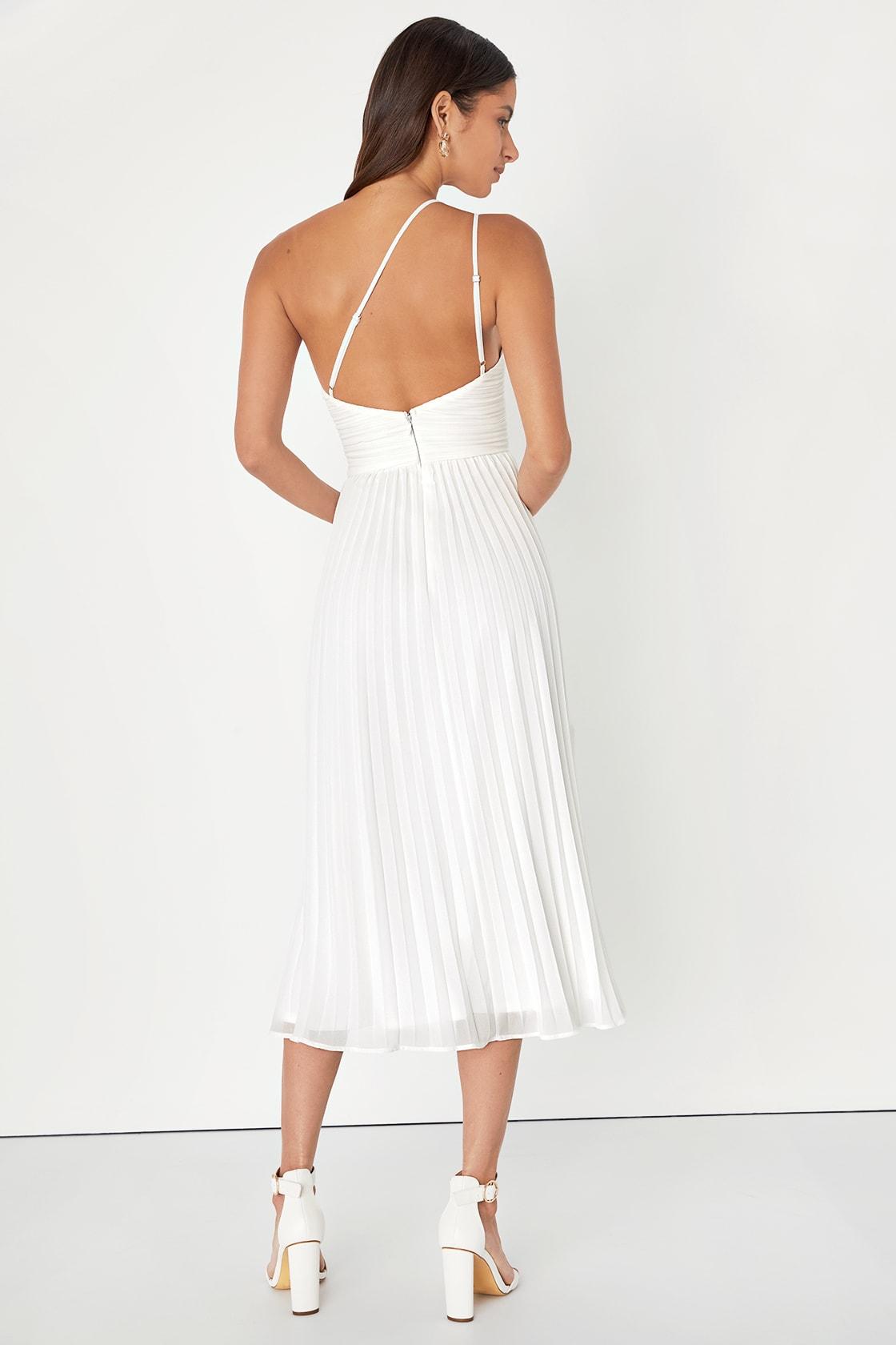Wondrous Muse White Pleated One-Shoulder Midi Dress Product Image