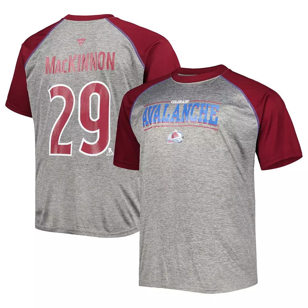 Men's Fanatics Branded Nathan MacKinnon Heather Gray/Burgundy Colorado Avalanche Big & Tall Contrast Raglan Name & Number T-Shirt, Size: XLT, Grey Product Image