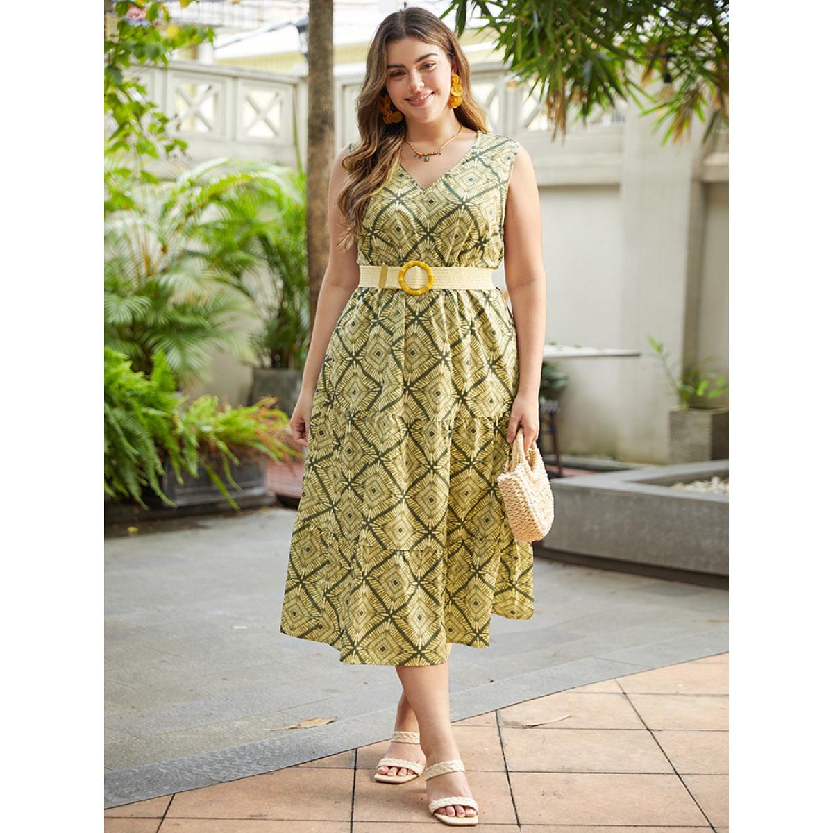 Plus Size Geometric Print Pocket Tank V Neck Dress Moss Women Vacation Printed V-neck Sleeveless Curvy Midi Dress BloomChic 14-16/1X Product Image