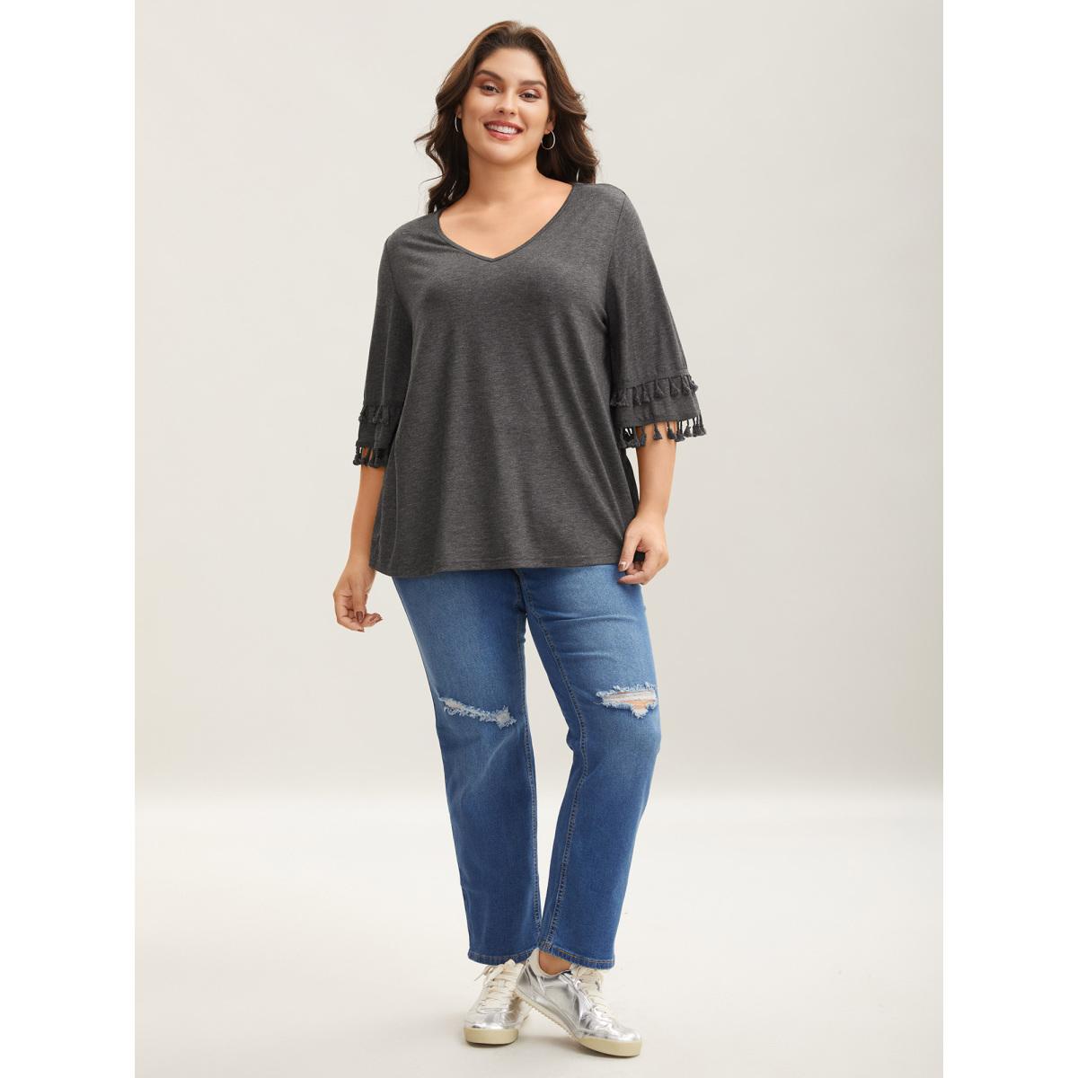 Plus Size Tassel Sleeve V-Neck Plain T-Shirt DimGray Women Casual Tassels V-neck Everyday T-shirts BloomChic 12/L Product Image