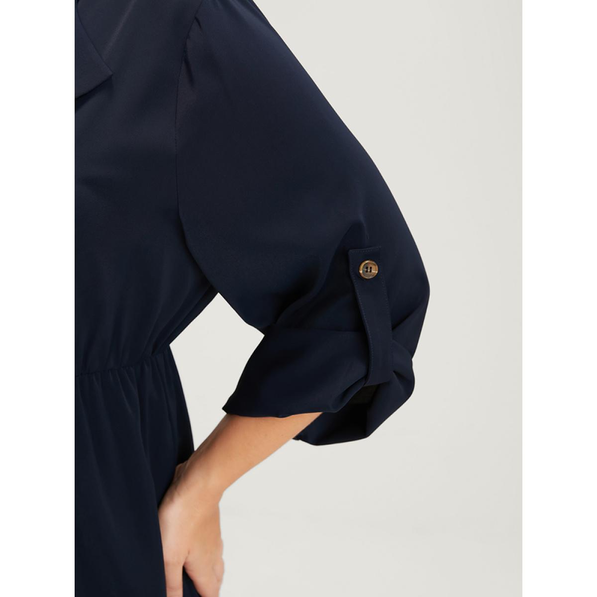 Plus Size DarkBlue Solid Pocket Button Cuffed Sleeve Suit Collar Jumpsuit Women Office Long Sleeve Suit Collar Work Loose Jumpsuits BloomChic 26/4X Product Image