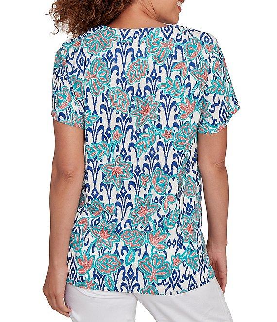 Ruby Rd. Petite Size Embroidered Knit Printed Split V-Neck Short Sleeve Top Product Image