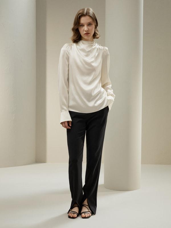 Asymmetrical Silk Blouse with Puff Sleeves Product Image