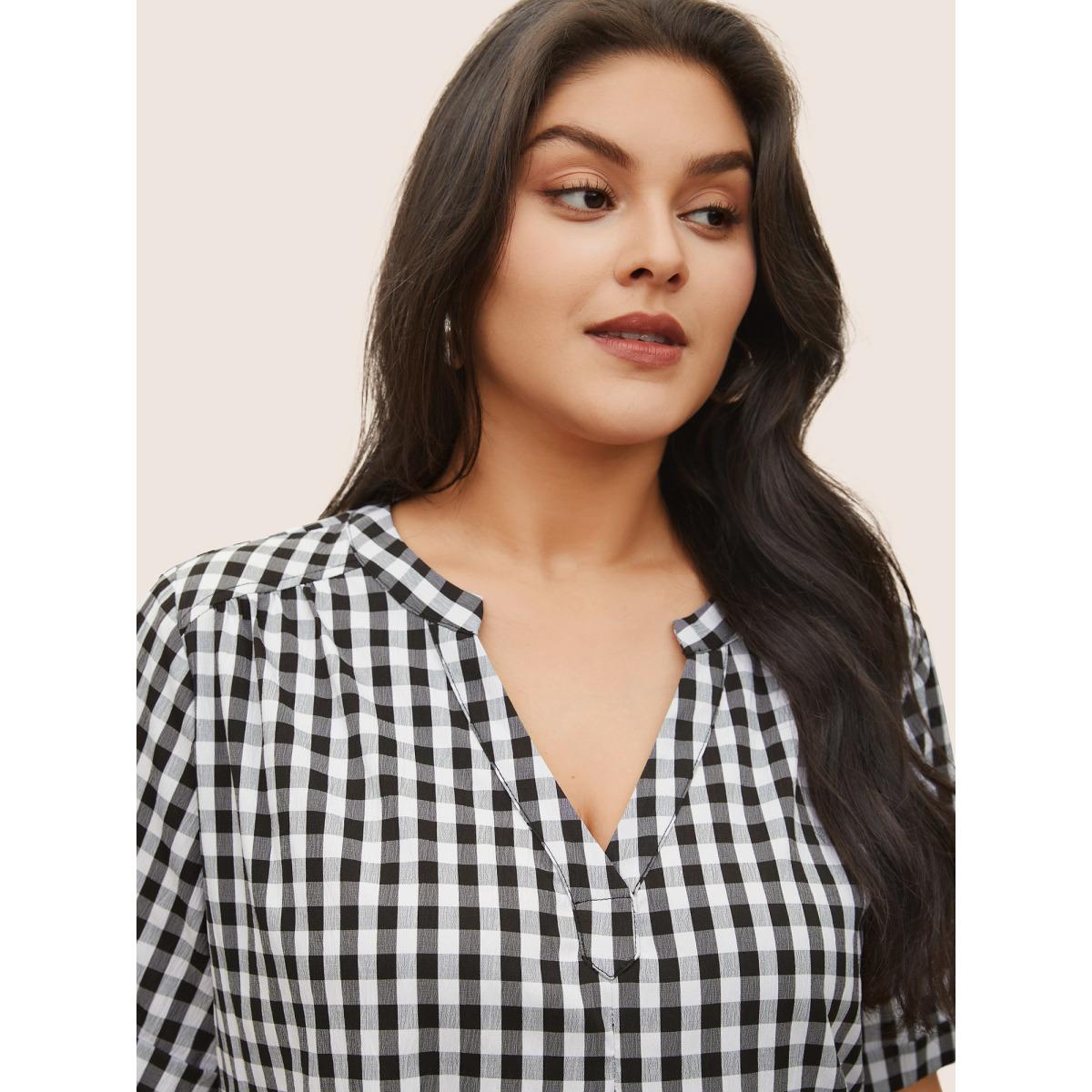 Plus Size Black Gingham Gathered Notched Tab Sleeve Blouse Women Casual Sleeveless Notched collar Everyday Blouses BloomChic 14-16/1X Product Image